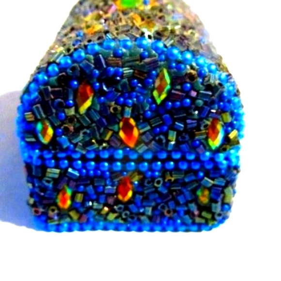 Handmade Blue Gold AB Jeweled Beaded Trinket Chest Box - Picture 4 of 5